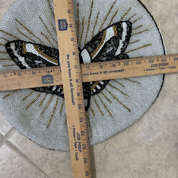 Moth Decorative Round Beaded Pillow cover only Butterfly Blk/wht/gd. Accent 13" - Picture 8 of 8